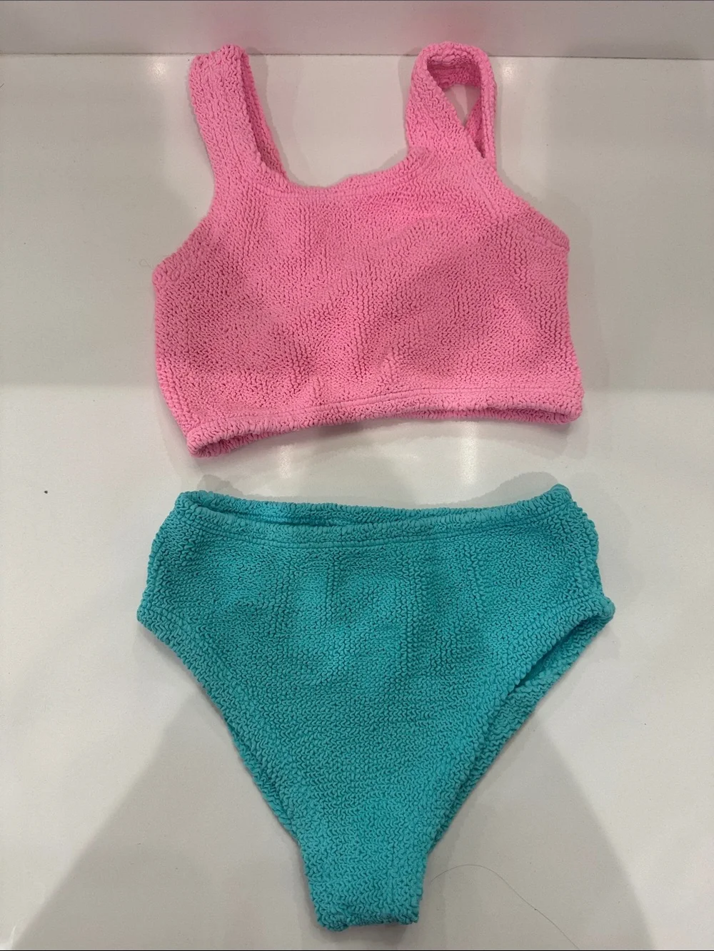 Hunza G Kids — the Lyra / Duo Lyra two-piece in Bubblegum Pink + Aqua Blue
